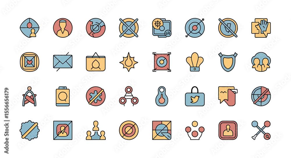 Poster vector icons set of collection of diverse colorful line icons networking communication and prohibiti
