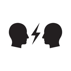 Conflict solid glyph icon with two heads and lightning bolt representing argument debate disagreement and confrontation business communication clash vector
