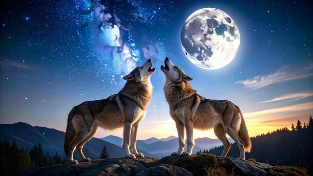 Two wolves stand atop a rocky precipice under a mesmerizing night sky, bathed in the ethereal glow of the full moon. Captured in a photorealistic rendering.