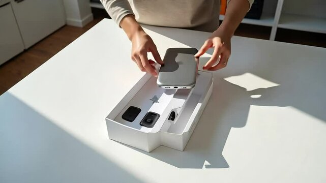 Person unwraps new electronic device from a white box on a white table, capturing the excitement of receiving the latest tech gadget.