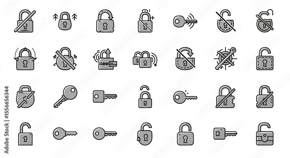 Poster vector icons set of collection of grey locks and keys in various states of locking and unlocking. ve