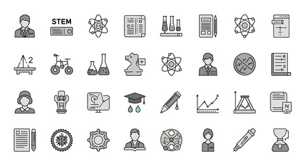 Vector Icons Set of Collection of GrayScale STEM Icons Education Science Technology Engineering Mathematics Symbols. Vector Illustrations. EPS Editable