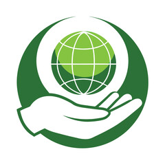 Green hand holding a planet earth icon representing global environmental care
