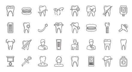 Fototapeta premium Vector Icons Set of Collection of Outline Dental Icons Showing Teeth Equipment and Professionals. Vector Illustrations. EPS Editable