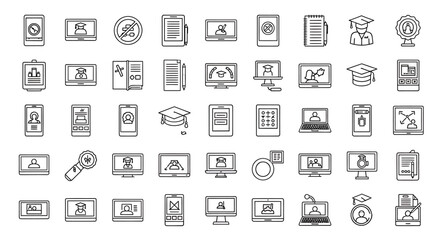 Vector Icons Set of Collection of Outline Icons Depicting Online Education and Communication Tools. Vector Illustrations. EPS Editable