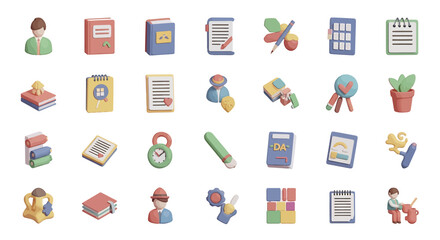 Fototapeta premium Vector Icons Set of Collection of PastelColored 3D Rendered Icons Books Notebooks People and Office Supplies. Vector Illustrations. EPS Editable