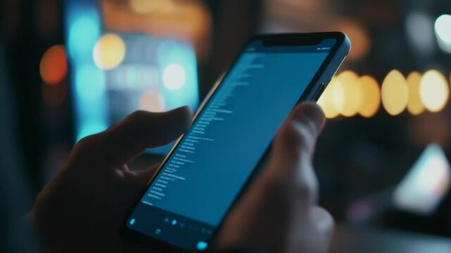 Hands Coding on Mobile Phone at Night with Illuminated Bokeh Background Blur