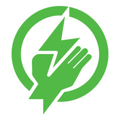 Green hand holding a powerful lightning bolt icon representing energy and electricity