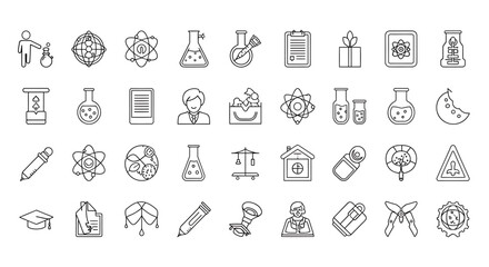 Vector Icons Set of Science and Research Icon Set Chemistry Physics Biology and More. Vector Illustrations. EPS Editable