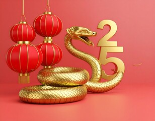 Obraz premium Gold snake with red lanterns