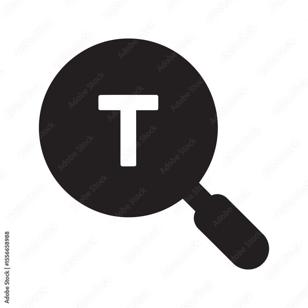 Poster text search solid glyph icon with magnifying glass for finding keyword content analysis and document