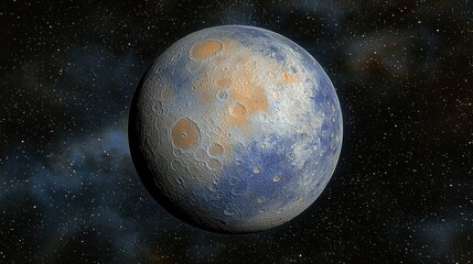Cratered, blue-orange planet floating in starry expanse