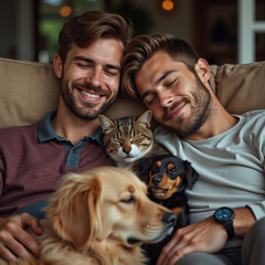 young couple with cat