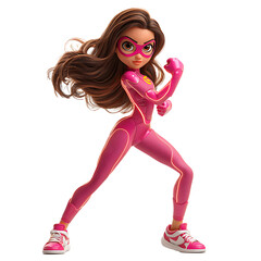 Cartoon girl in pink superhero suit with brown hair and pink mask in fighting stance isolated