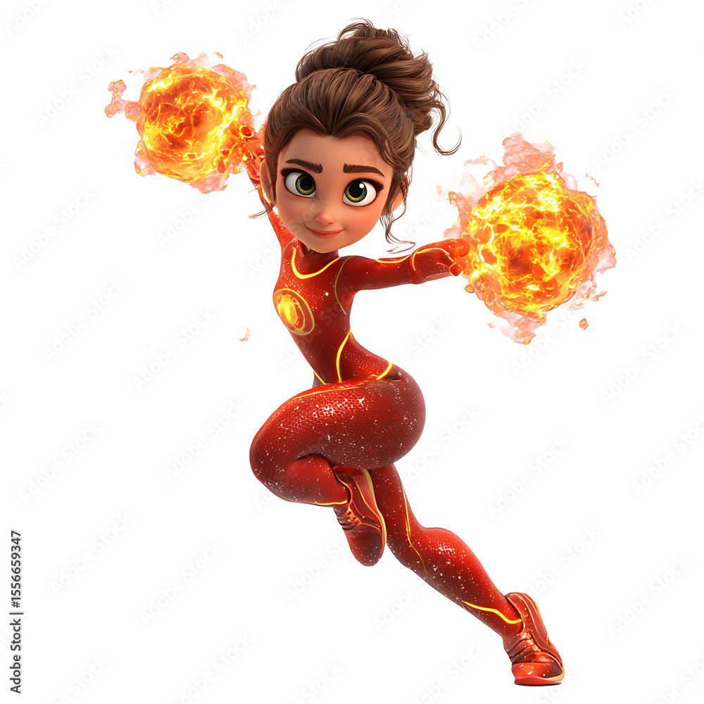 Fototapete Animated character with fire powers in red suit striking a dynamic pose against black background