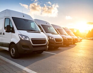 White delivery vans parked in a row at sunset