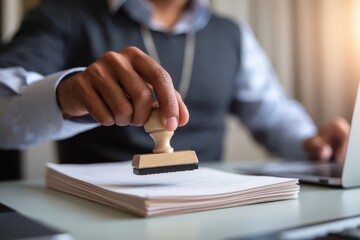 African American Man using Wooden Rubber Stamp for Approving Document