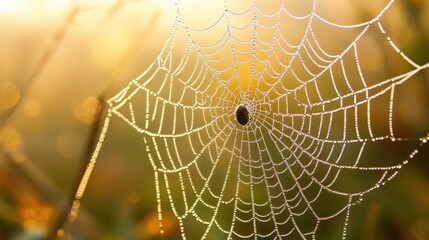 A detailed image of a spiderweb covered in morning dew drops