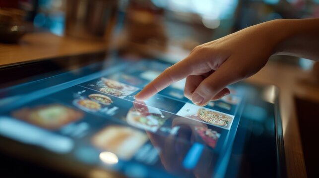 Ordering food using a touchscreen menu in a modern restaurant during dinner hours
