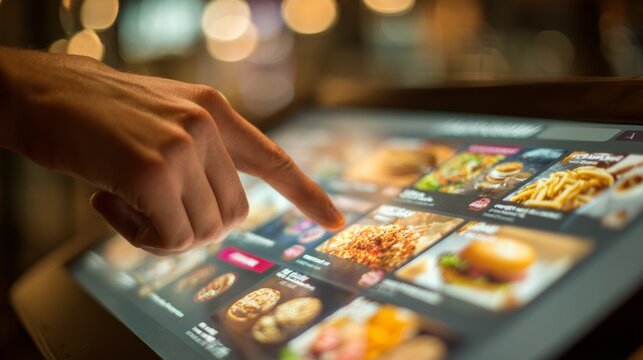 Touchscreen menu on a digital kiosk showing various food options in a bustling restaurant at night