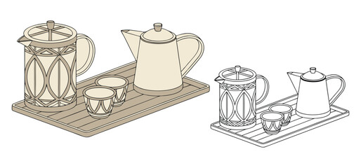 Artistic illustration of a coffee pot, teapot, and matching teacups displayed on a serving tray in a line art style