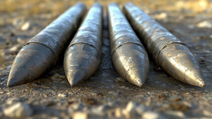 Four metal projectiles resting on rocky, earthy ground