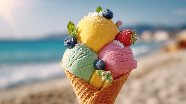 Colorful ice cream cone enjoyed on a sunny beach with waves in the background