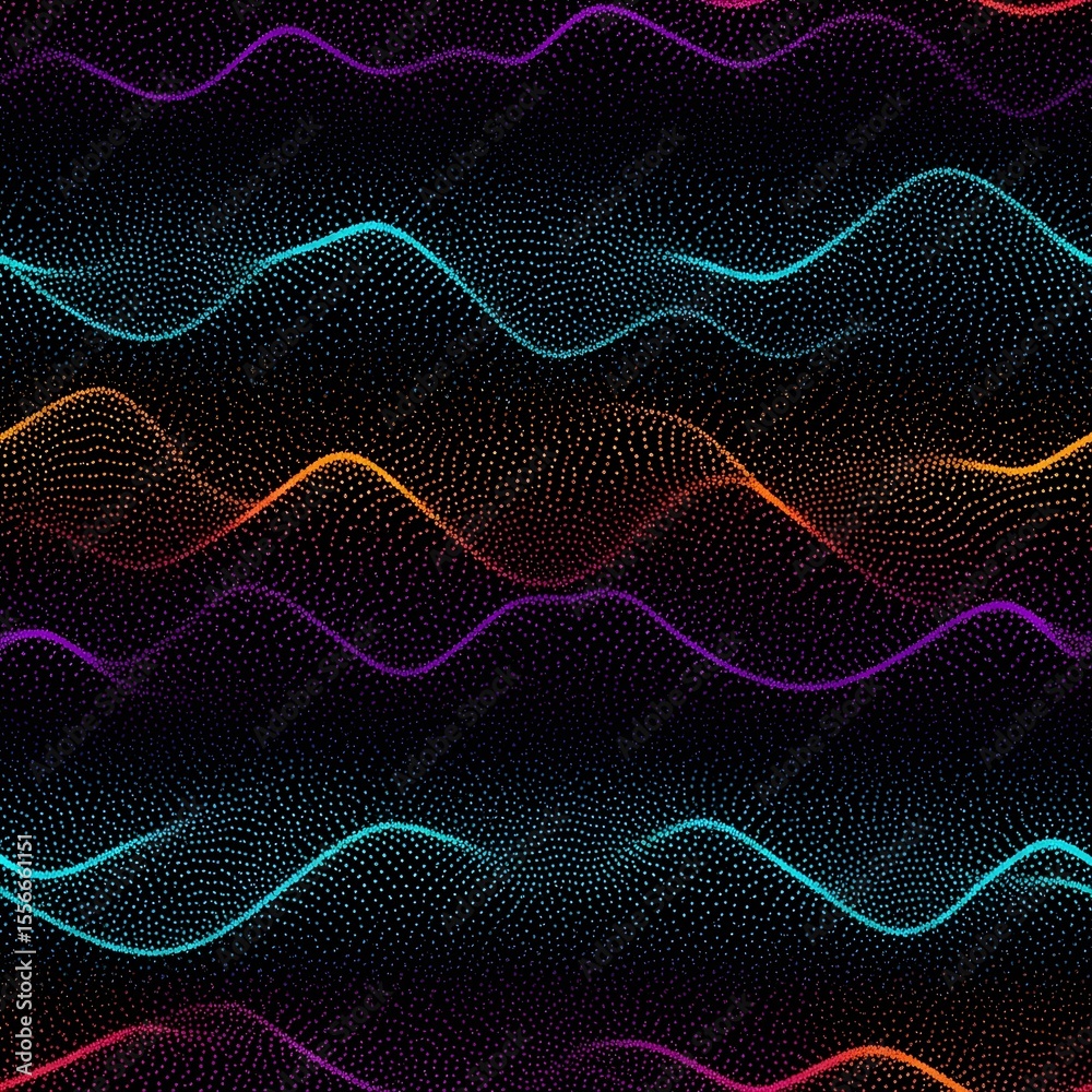 Fototapete Vibrant Waveforms Abstract Network of Interconnected Dots in Teal, Orange, and Purple Overlays with a Dark Background, Emphasizing Connectivity and Dynamic Motion