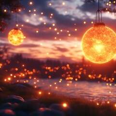 Enchanted Evening by the Water.  Warm, glowing orbs hang in the twilight sky over a tranquil river.  Fires and fairy lights create a magical atmosphere