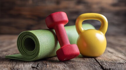 Exercise equipment setup on wooden surface including dumbbell, kettlebell, and yoga mat suitable for home workouts