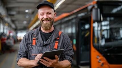 Smiling technician using a tablet in a bus maintenance facility during a work shift