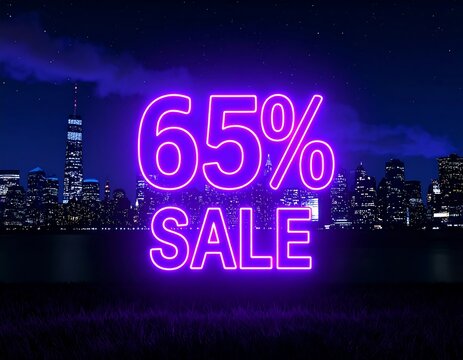 Neon sale sign over city skyline