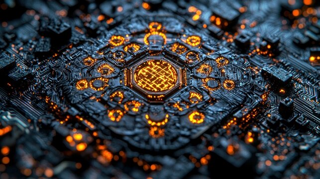 Glowing core with intricate circuit patterns