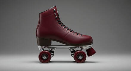 Elegant burgundy roller skate with black laces and silver chassis on a gray background.