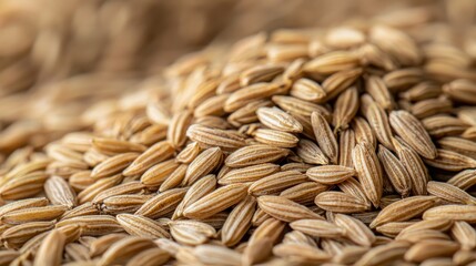 Obraz premium Golden pile of paddy rice grains, close-up view