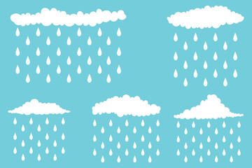 Seamless cartoon cloud and rain drop pattern in vector style, colorful pastel water drops falling from fluffy clouds, cute and creative weather design, fun rain illustration for kids and prints
