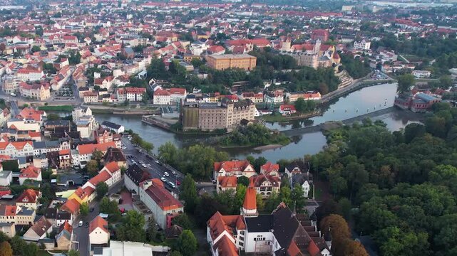 Aerial view on a sunny noon of the old town in the city Bernburg in Germany