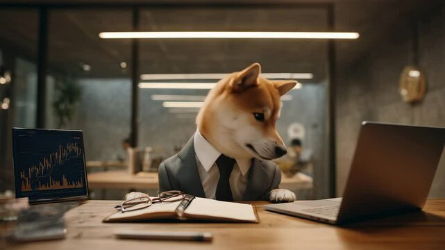 オフィスで仕事する柴犬ビジネス
