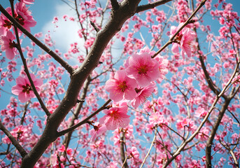 Beautiful Pink Blossoms Against a Clear Sky Close up