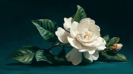 Elegant white flower with green leaves against a dark background