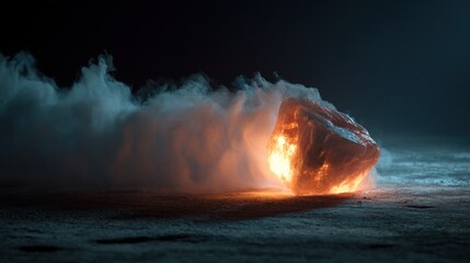 Fiery rock emerging from smoke