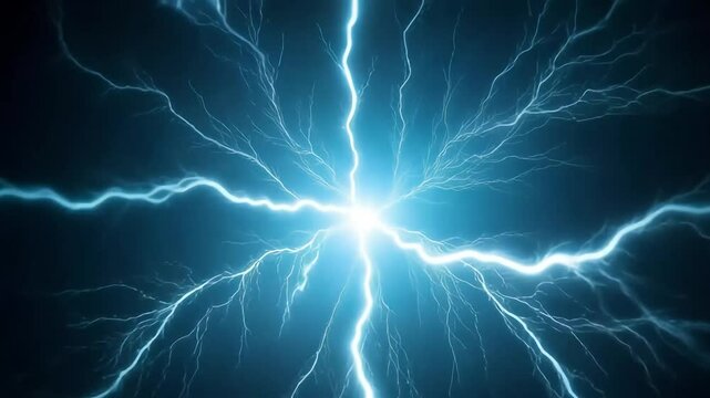Energy bursts with electric blue lightning strikes on a dark night, showcasing raw power and intensity in a visual display.