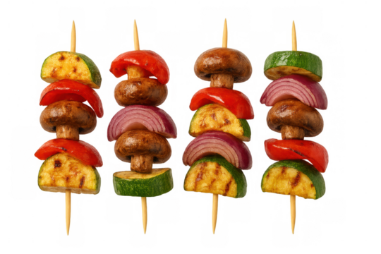 Grilling colorful zucchini, mushroom, red onion, and bell pepper skewers presenting vibrant vegetarian kebab against transparent backdrop