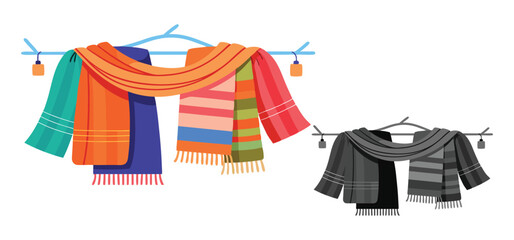 Colorful and monochromatic scarves with hangers on display ideal for winter season design or accessories