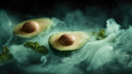 Fresh avocado halves in smoke