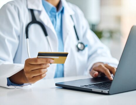 Close-up of a doctor making an online medical payment with a credit card on a laptop. Focus on health insurance, telemedicine, and digital healthcare billing