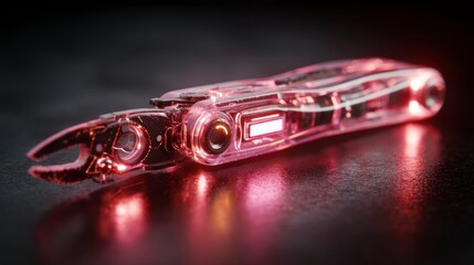 Futuristic glowing device with translucent design on dark surface