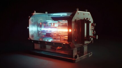 Futuristic machine with transparent panels internal components and lighting