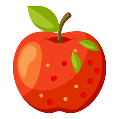 Bright red apple with green leaves and small dots on a white background
