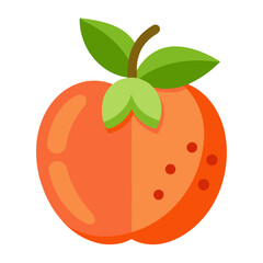 Stylized flat design illustration of a ripe orange fruit with green leaves